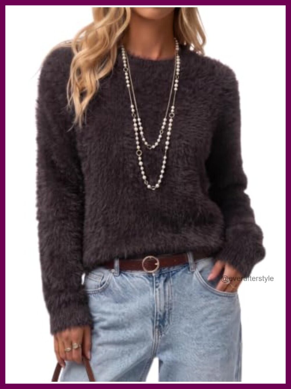 Wool Blend Faux Fur Crew Neck Pullover Sweater Relaxed Fit Fall Winter